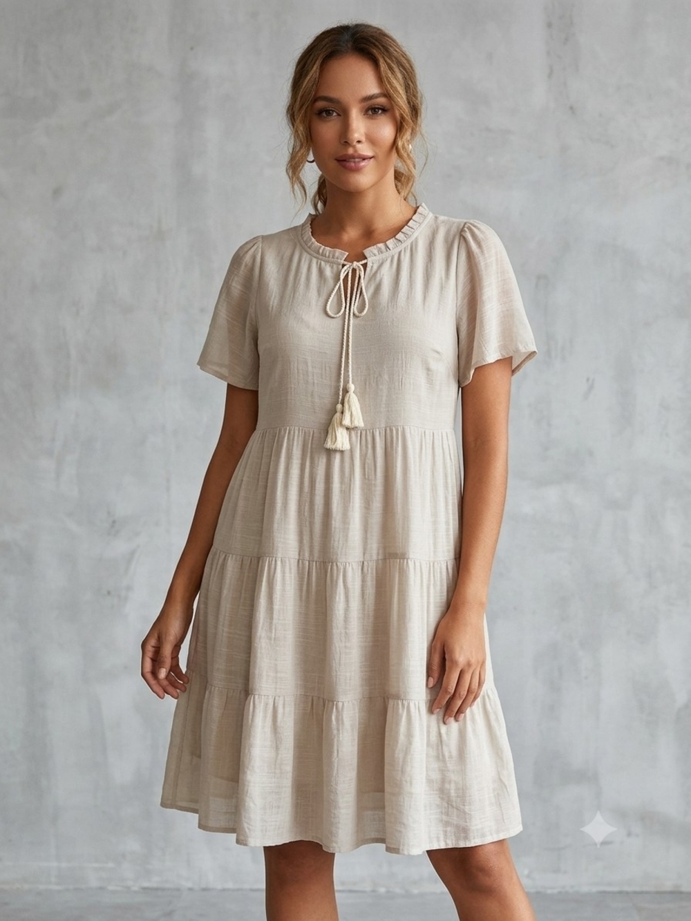 Tiered Short Sleeve Tassel Tie Dress in Beige